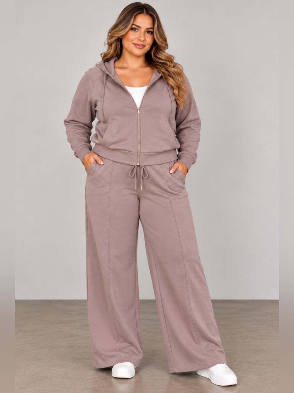 Elie Tahari Taupe Wide-Leg Hoodie Jumpsuit XLarge